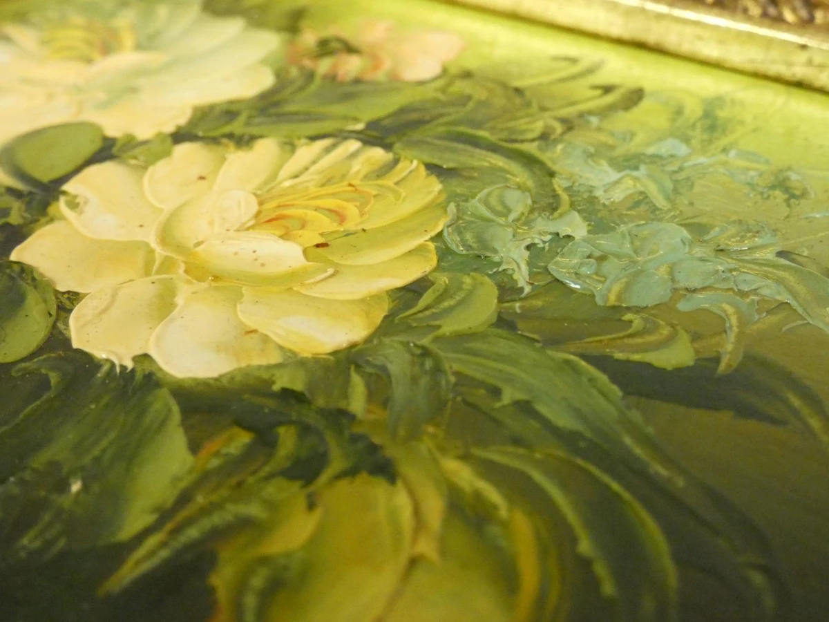 Olieverfschilderij bloemen in vaas met gouden lijst