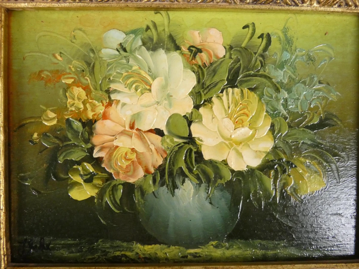 Olieverfschilderij bloemen in vaas met gouden lijst
