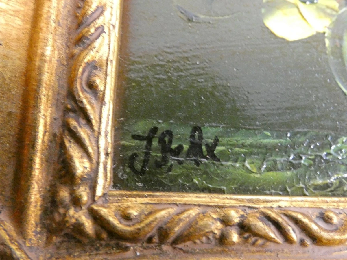 Olieverfschilderij bloemen in vaas met gouden lijst