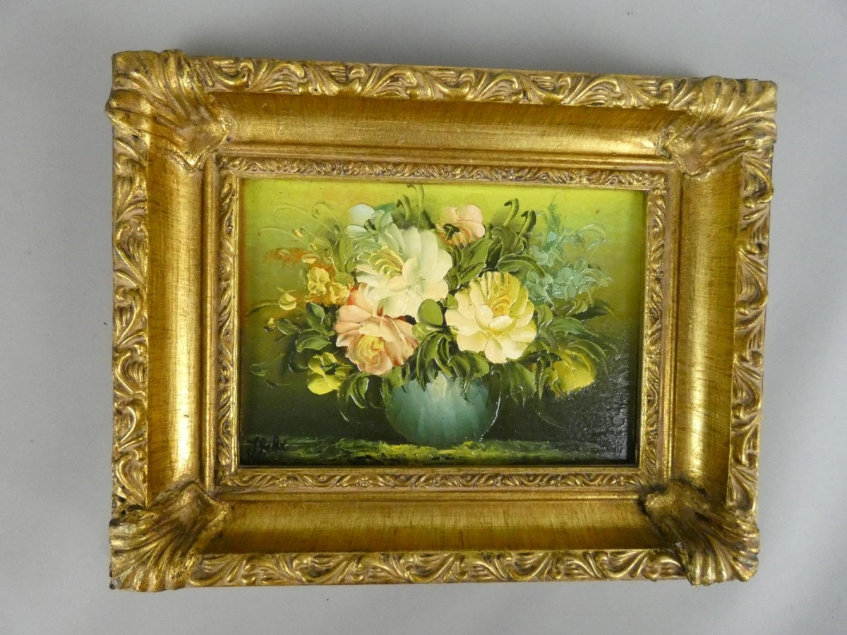 Olieverfschilderij bloemen in vaas met gouden lijst