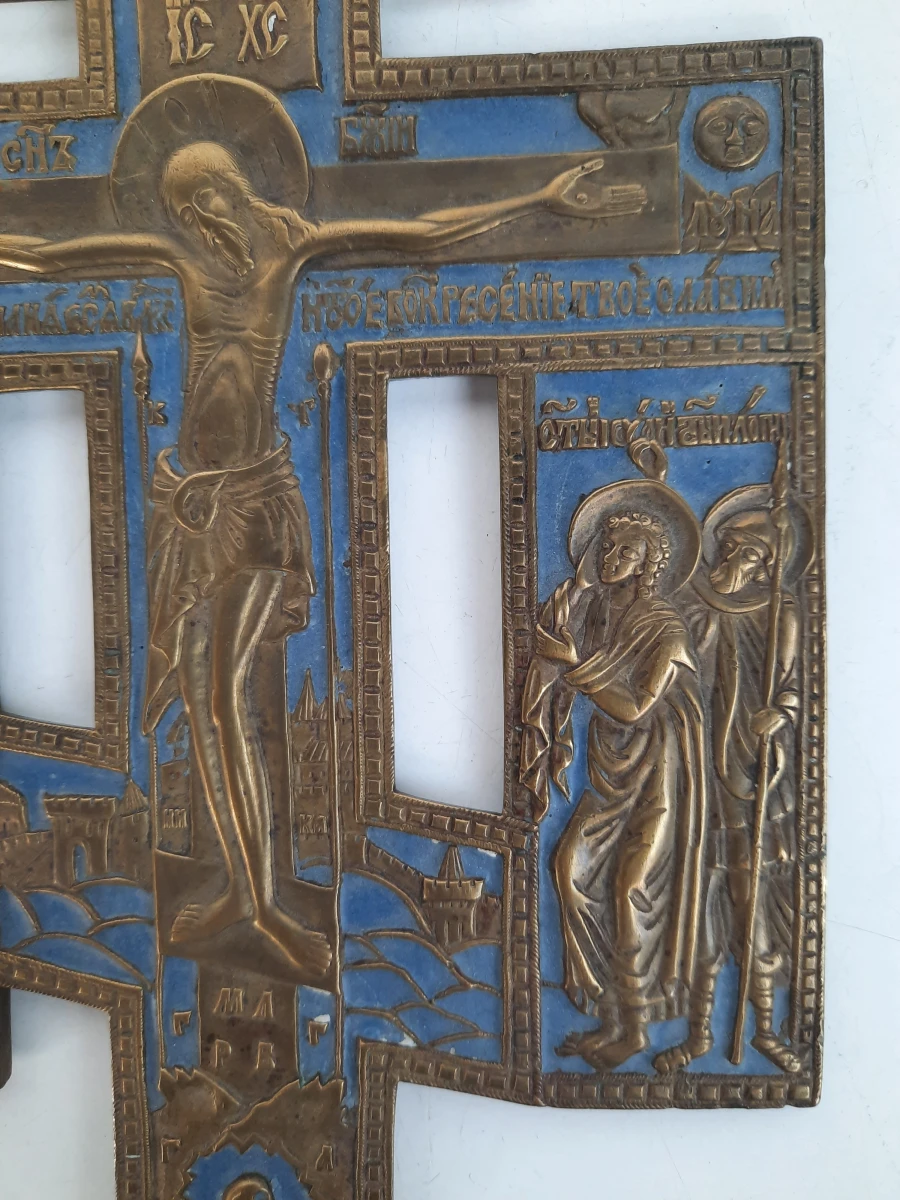 Antiek Russisch-Orthodox Geëmailleerd Bronzen Reiskruis / Icoon – 19e Eeuw