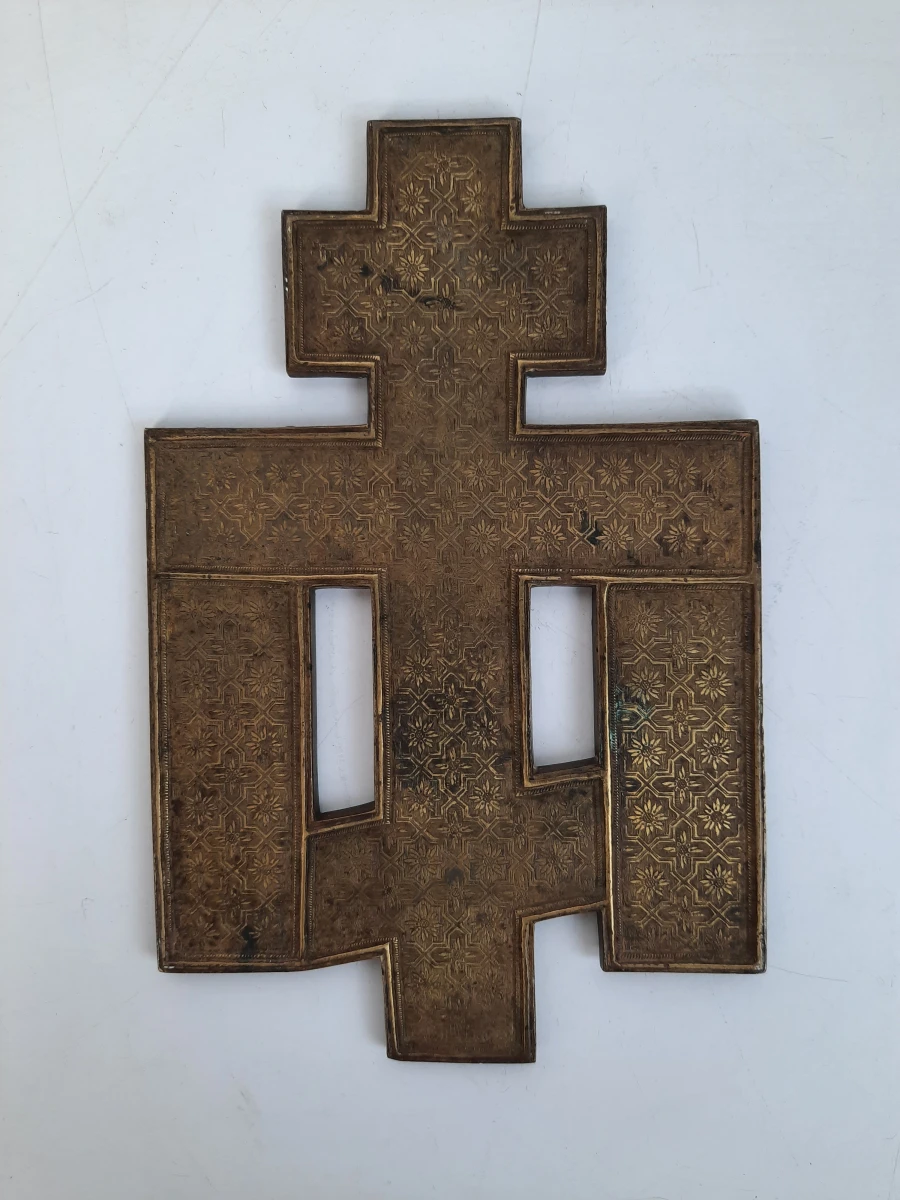 Antiek Russisch-Orthodox Geëmailleerd Bronzen Reiskruis / Icoon – 19e Eeuw