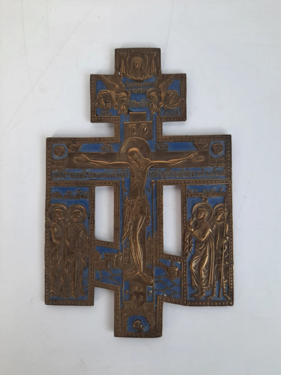 Antiek Russisch-Orthodox Geëmailleerd Bronzen Reiskruis / Icoon – 19e Eeuw