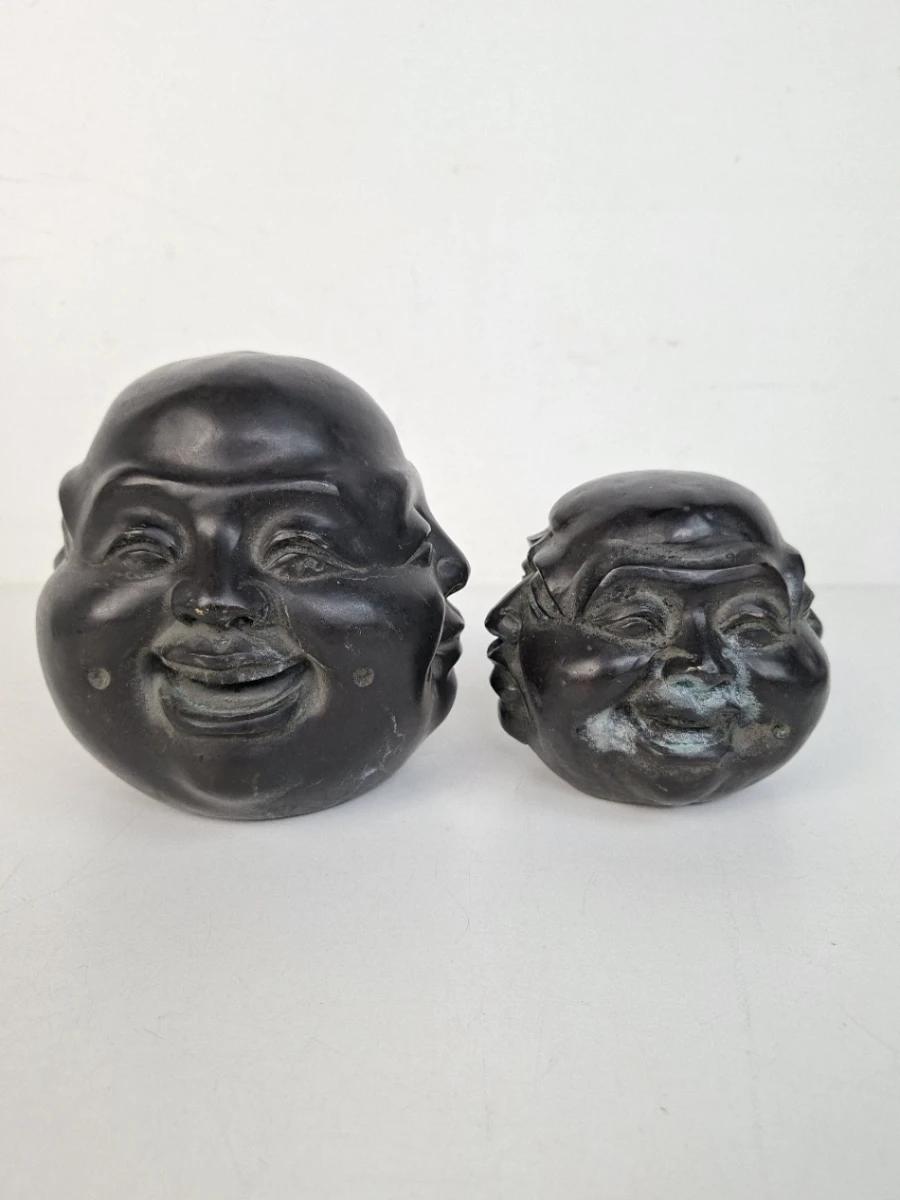 🗿 Unieke Set van 2 Vintage Chinese Bronzen Boeddha-hoofden – Groot & Klein – 4 Emoties – Gemarkeerd 🗿