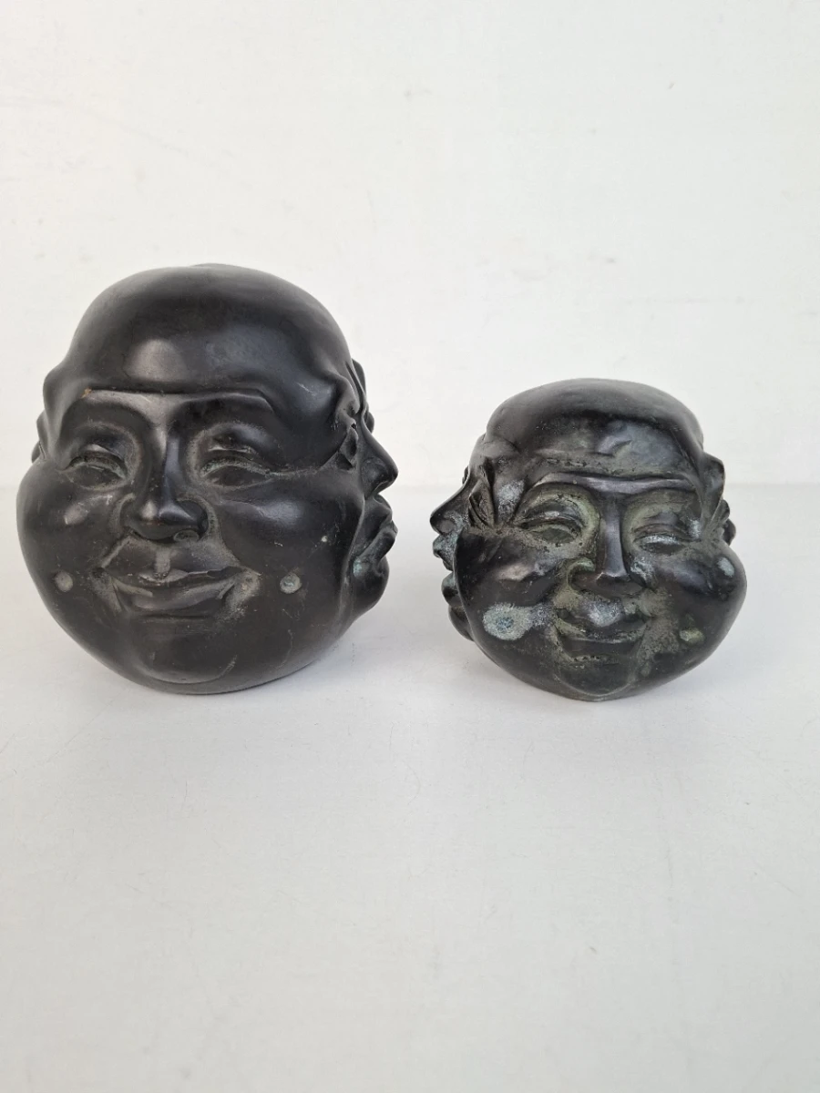 🗿 Unieke Set van 2 Vintage Chinese Bronzen Boeddha-hoofden – Groot & Klein – 4 Emoties – Gemarkeerd 🗿