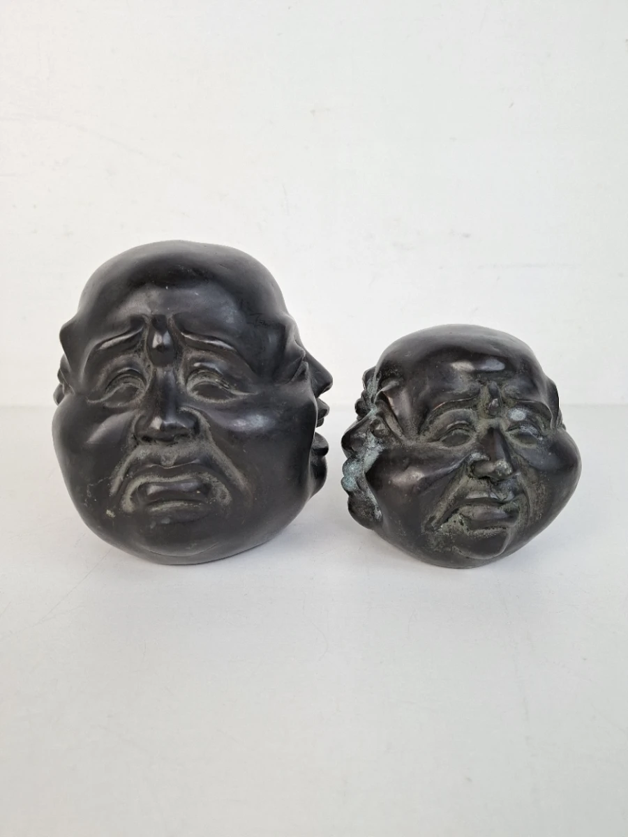 🗿 Unieke Set van 2 Vintage Chinese Bronzen Boeddha-hoofden – Groot & Klein – 4 Emoties – Gemarkeerd 🗿