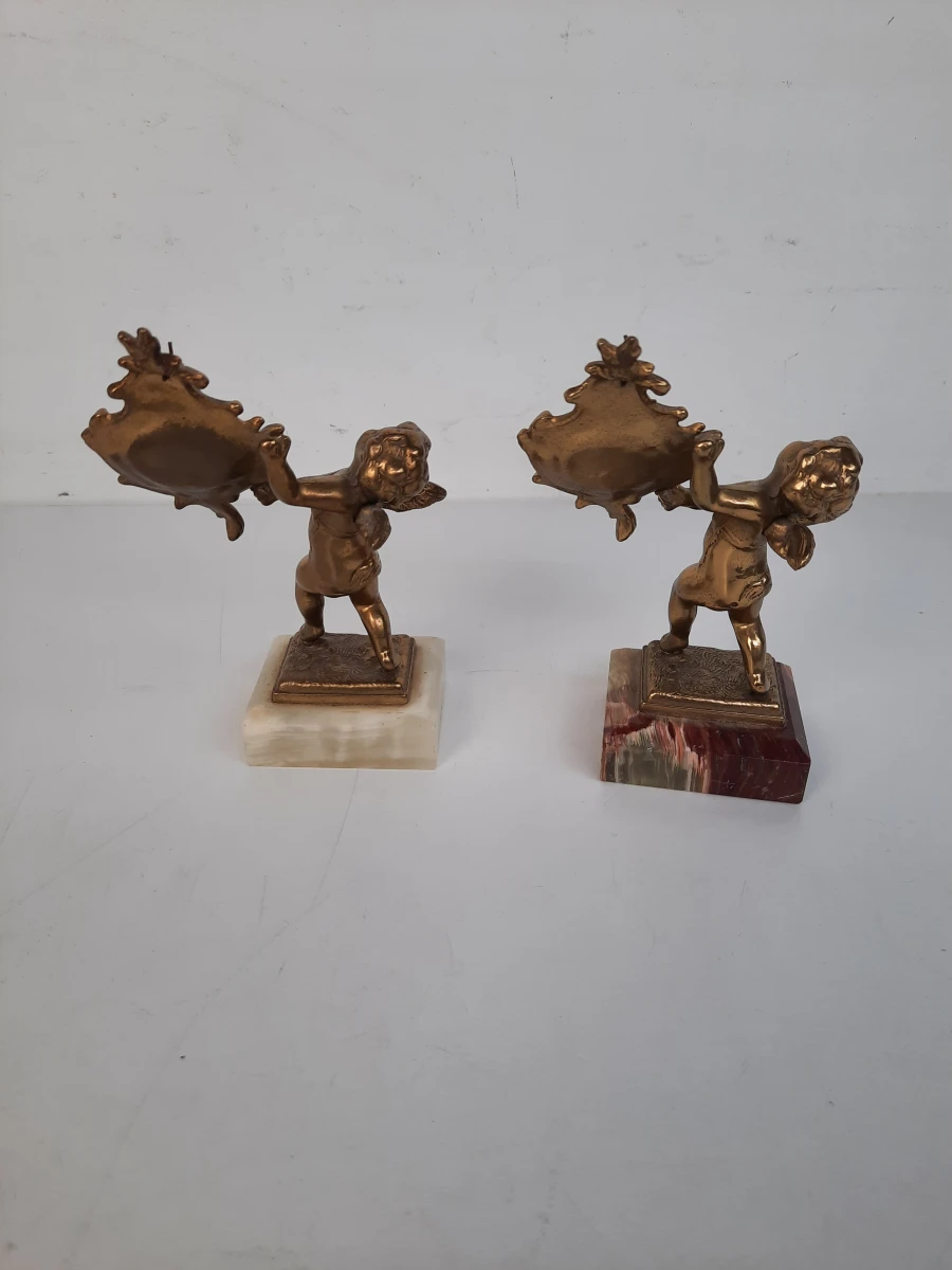 Paar Antieke / Vintage Messing Zakhorloge-houders – Cherubijn op Marmeren Voet - foto 2