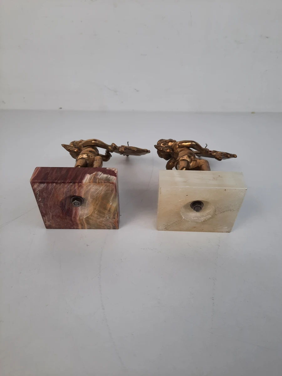 Paar Antieke / Vintage Messing Zakhorloge-houders – Cherubijn op Marmeren Voet - foto 5