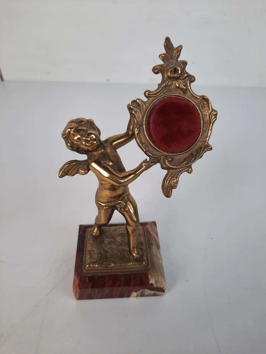 Paar Antieke / Vintage Messing Zakhorloge-houders – Cherubijn op Marmeren Voet - foto 3
