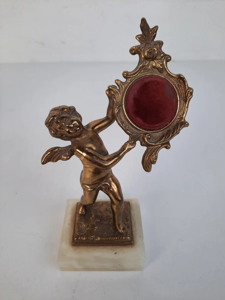 Paar Antieke / Vintage Messing Zakhorloge-houders – Cherubijn op Marmeren Voet - foto 4