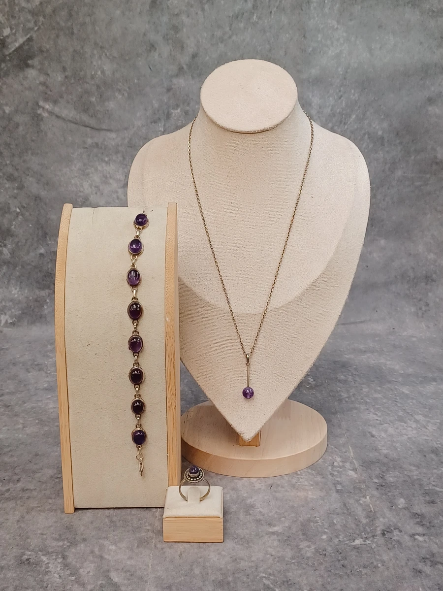 3-Delige zilveren sieradenset met Amethist (925 Zilver) - Collier, armband en vintage stijl ring