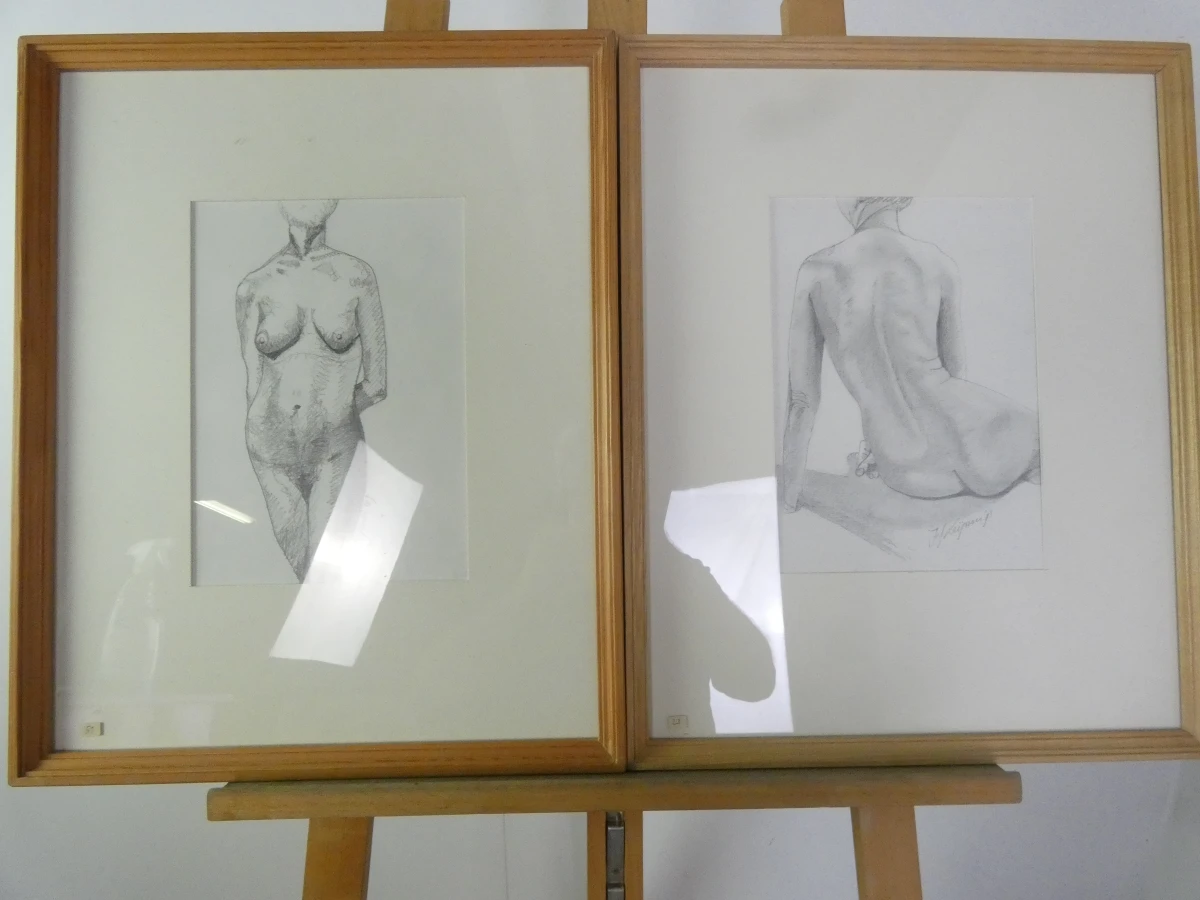 Set van 4 ingelijste naaktstudies in potlood