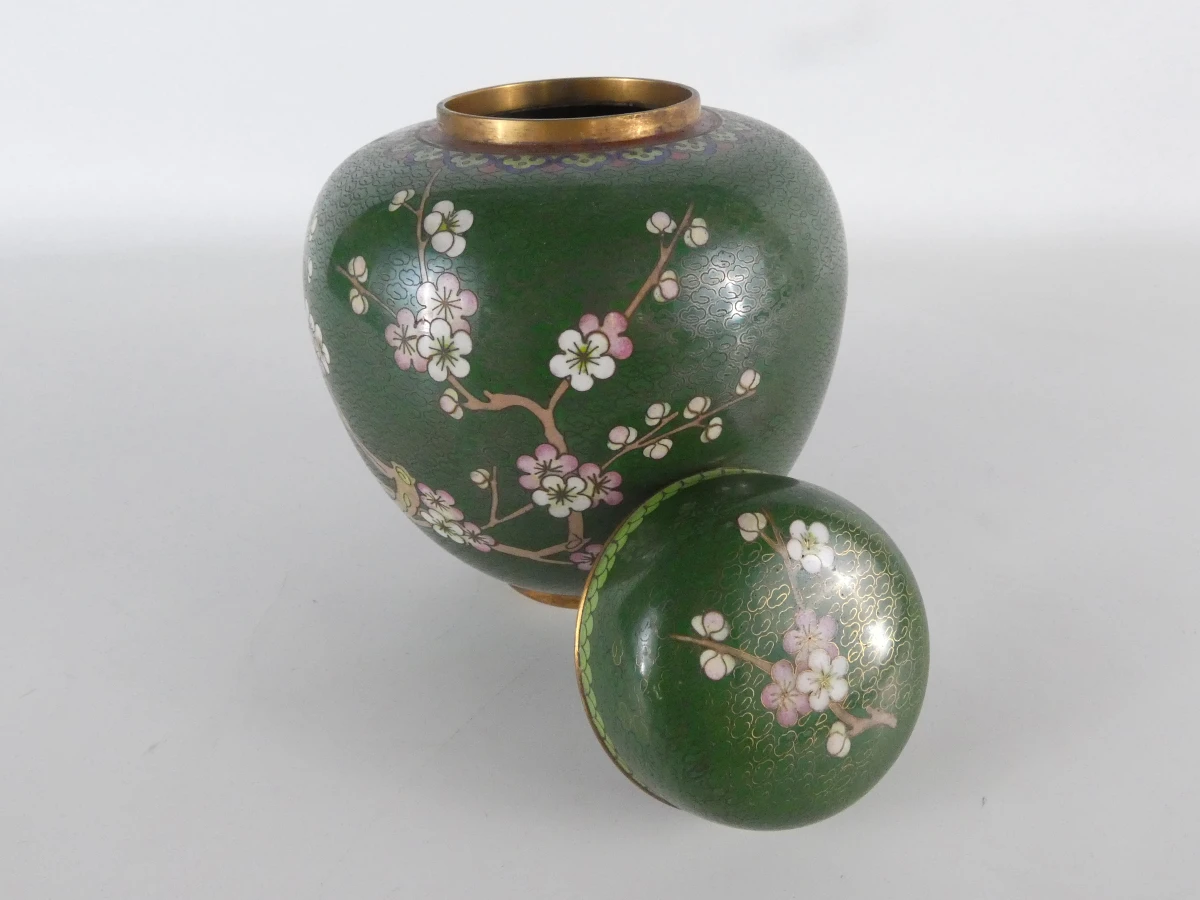 Groene cloisonné dekselpot met bloem- en vogelmotief