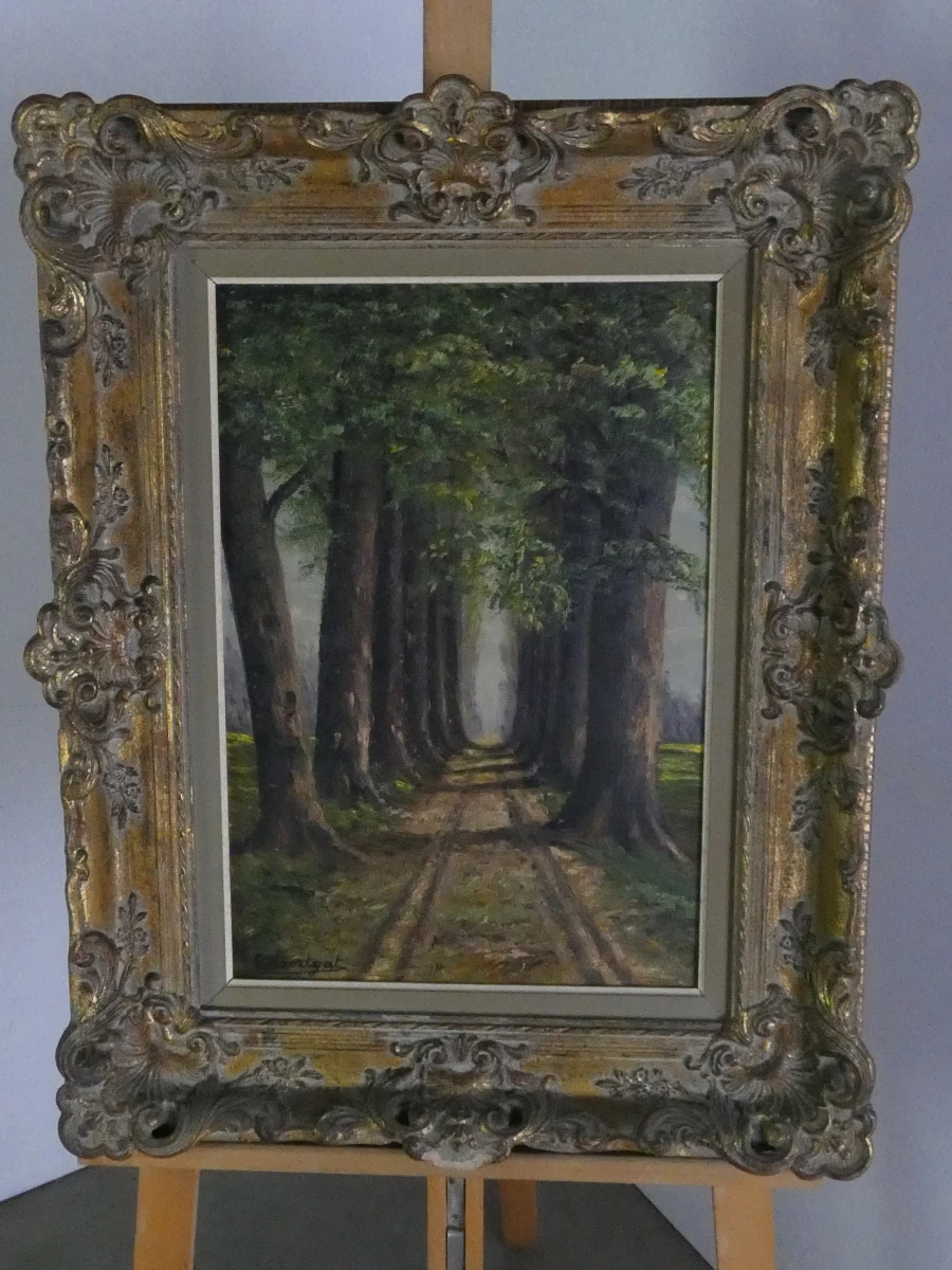 Olieverfschilderij op paneel met bomenlaan