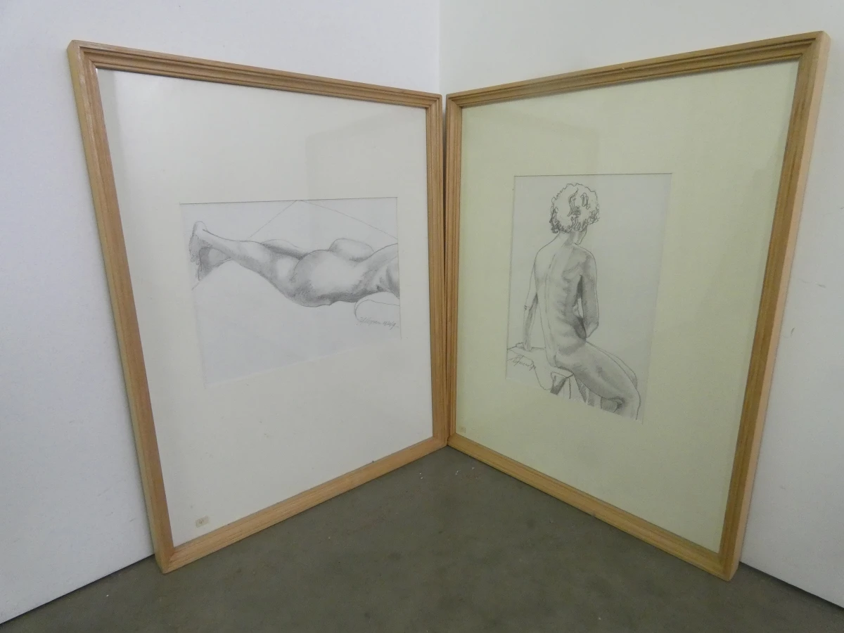 Set van 4 ingelijste potloodtekeningen, gesigneerd