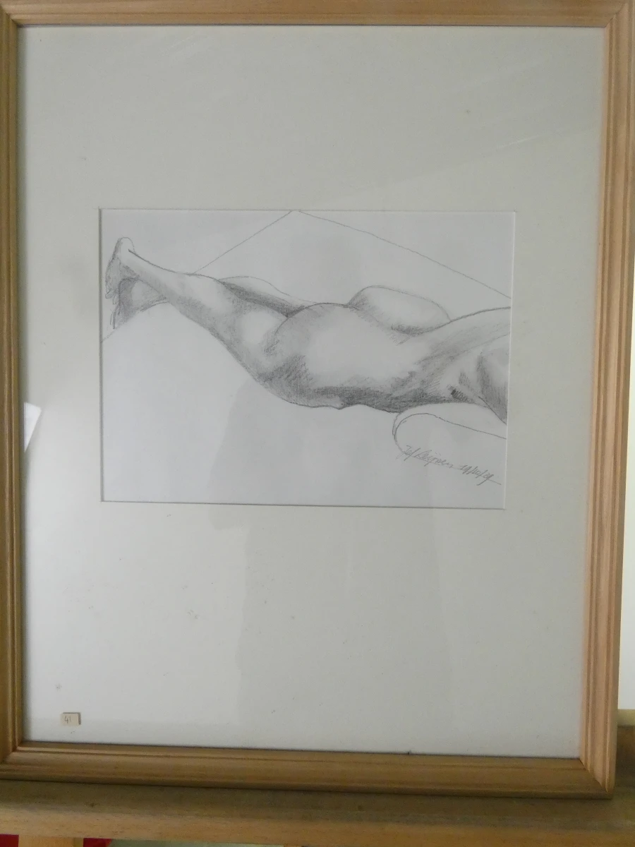 Set van 4 ingelijste potloodtekeningen, gesigneerd