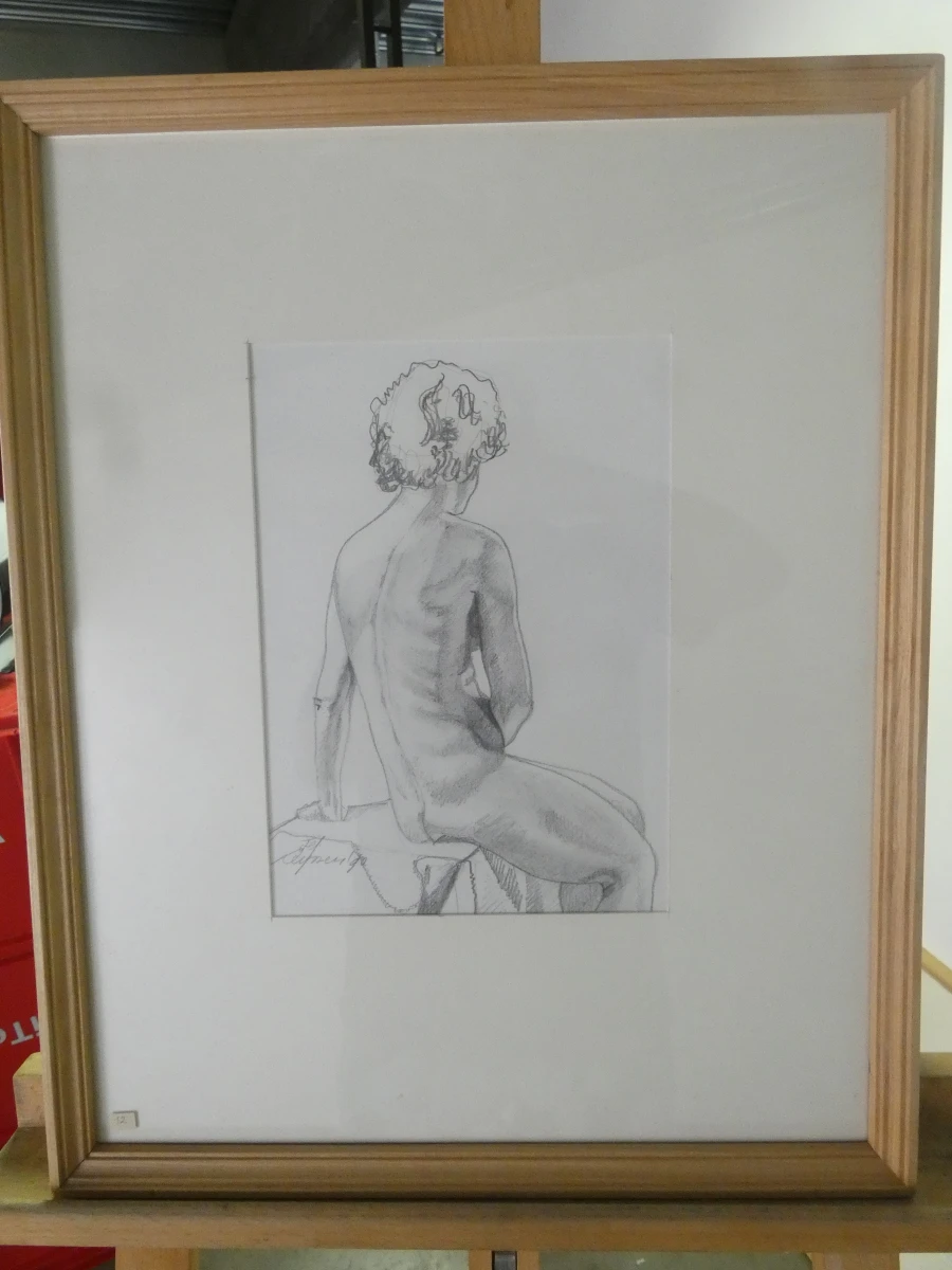 Set van 4 ingelijste potloodtekeningen, gesigneerd