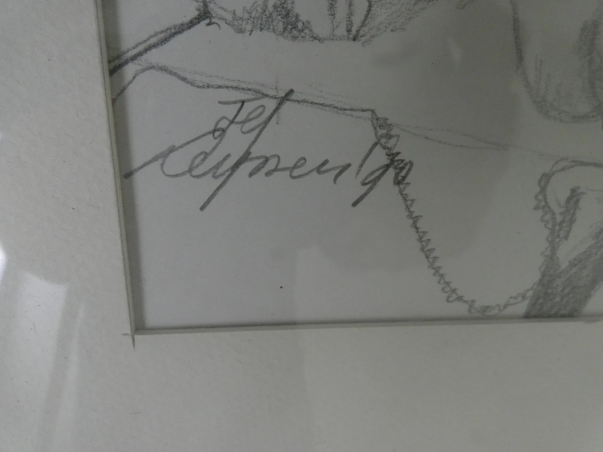 Set van 4 ingelijste potloodtekeningen, gesigneerd