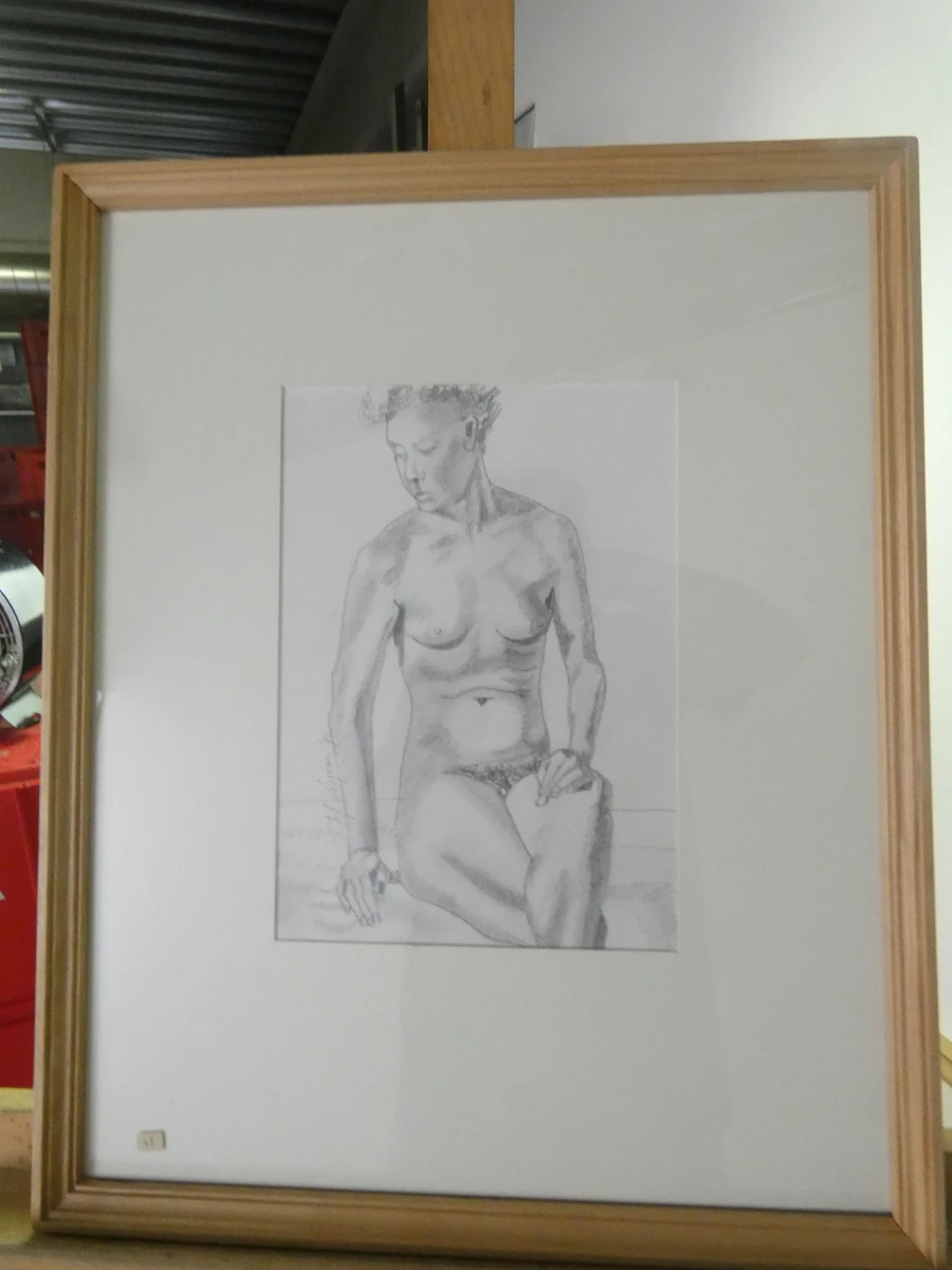 Set van 4 ingelijste potloodtekeningen, gesigneerd