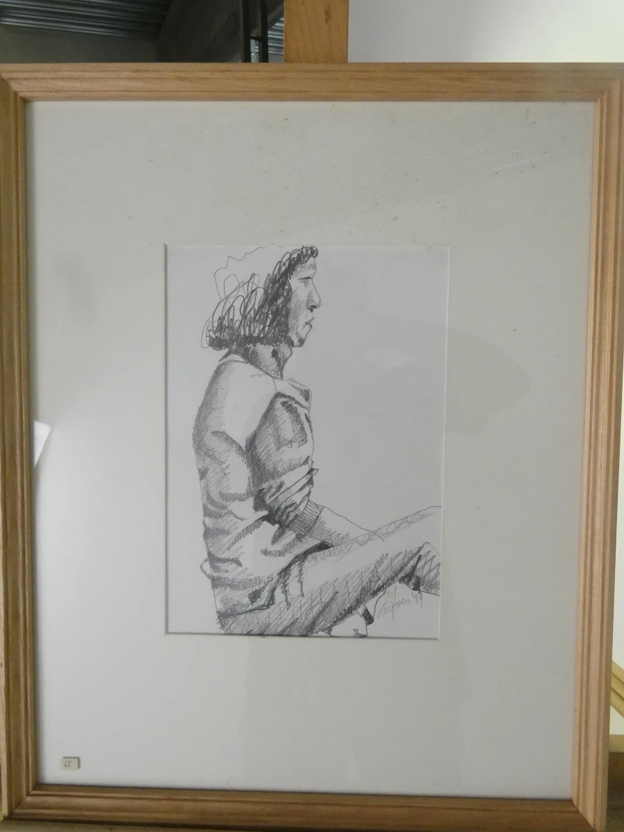 Set van 4 ingelijste potloodtekeningen, gesigneerd