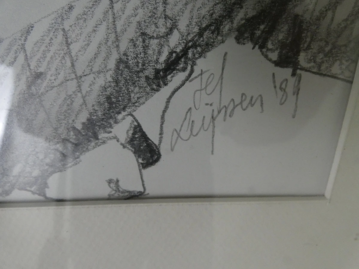 Set van 4 ingelijste potloodtekeningen, gesigneerd