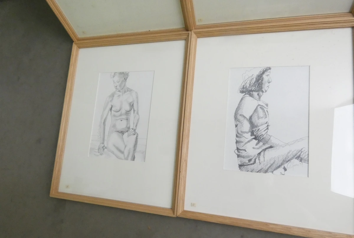 Set van 4 ingelijste potloodtekeningen, gesigneerd
