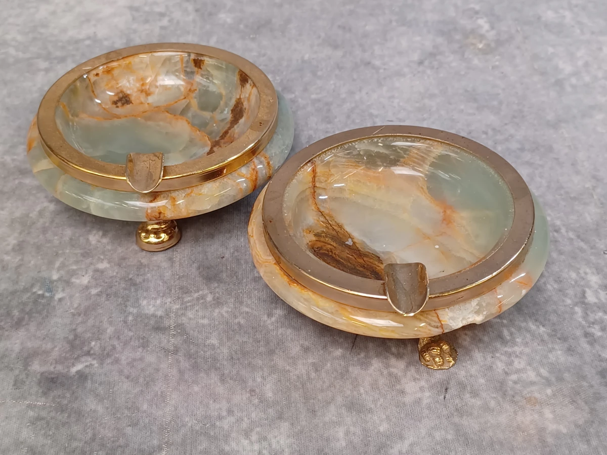 Vintage 4-delige bureau- of rokersset in groen onyx met vergulde accenten - Made in Italy