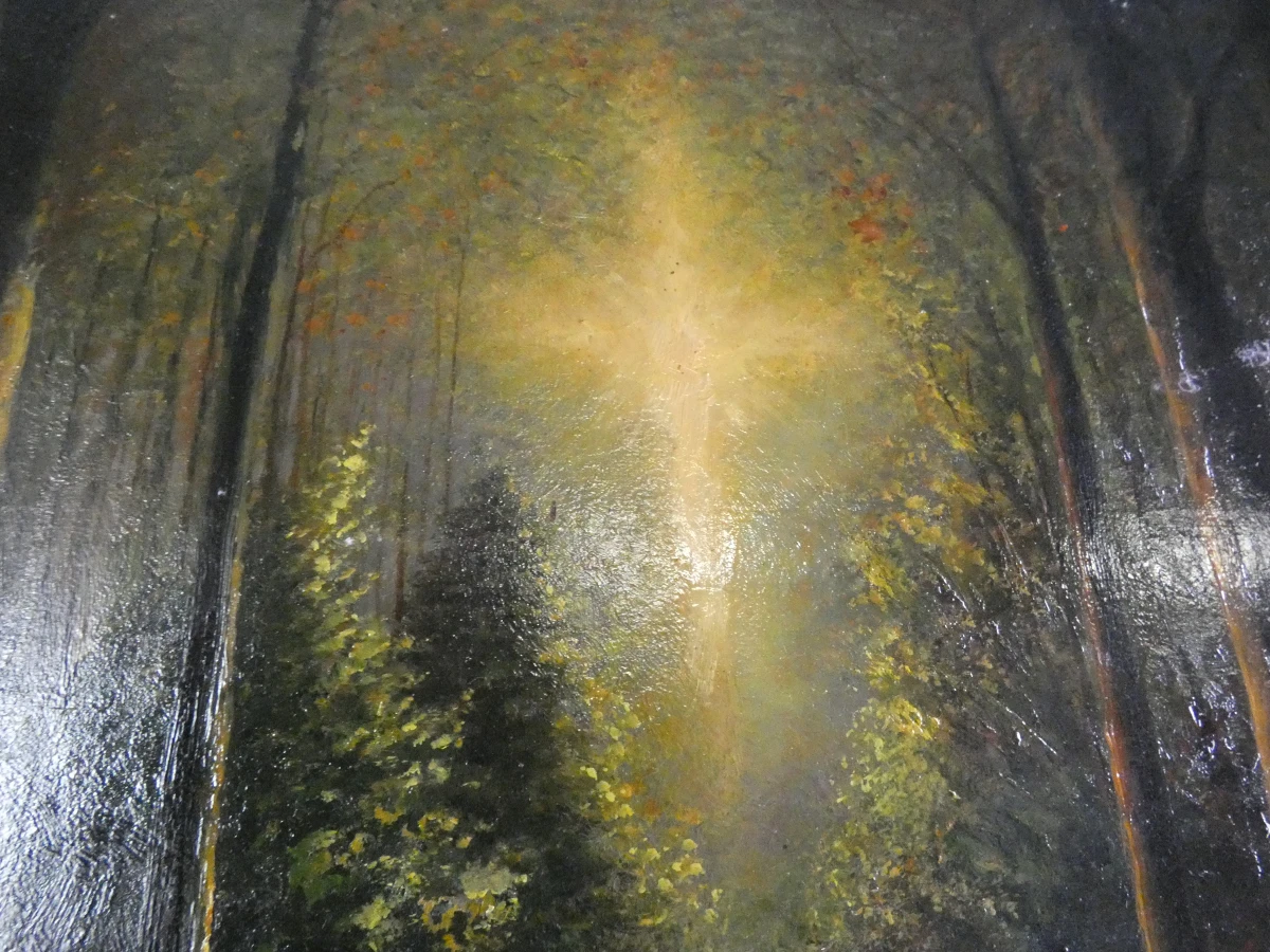 Olieverfschilderij boslandschap met lichtstraal