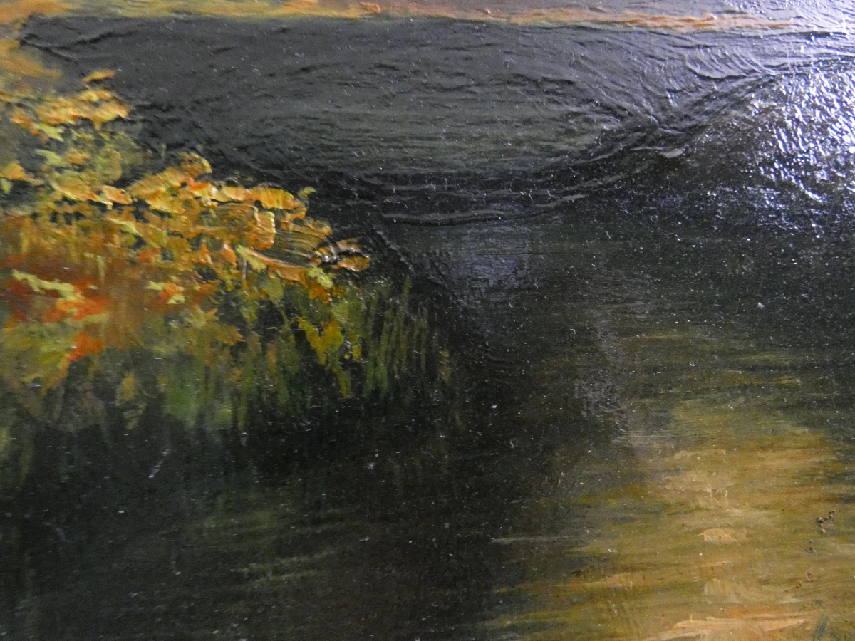 Olieverfschilderij boslandschap met lichtstraal