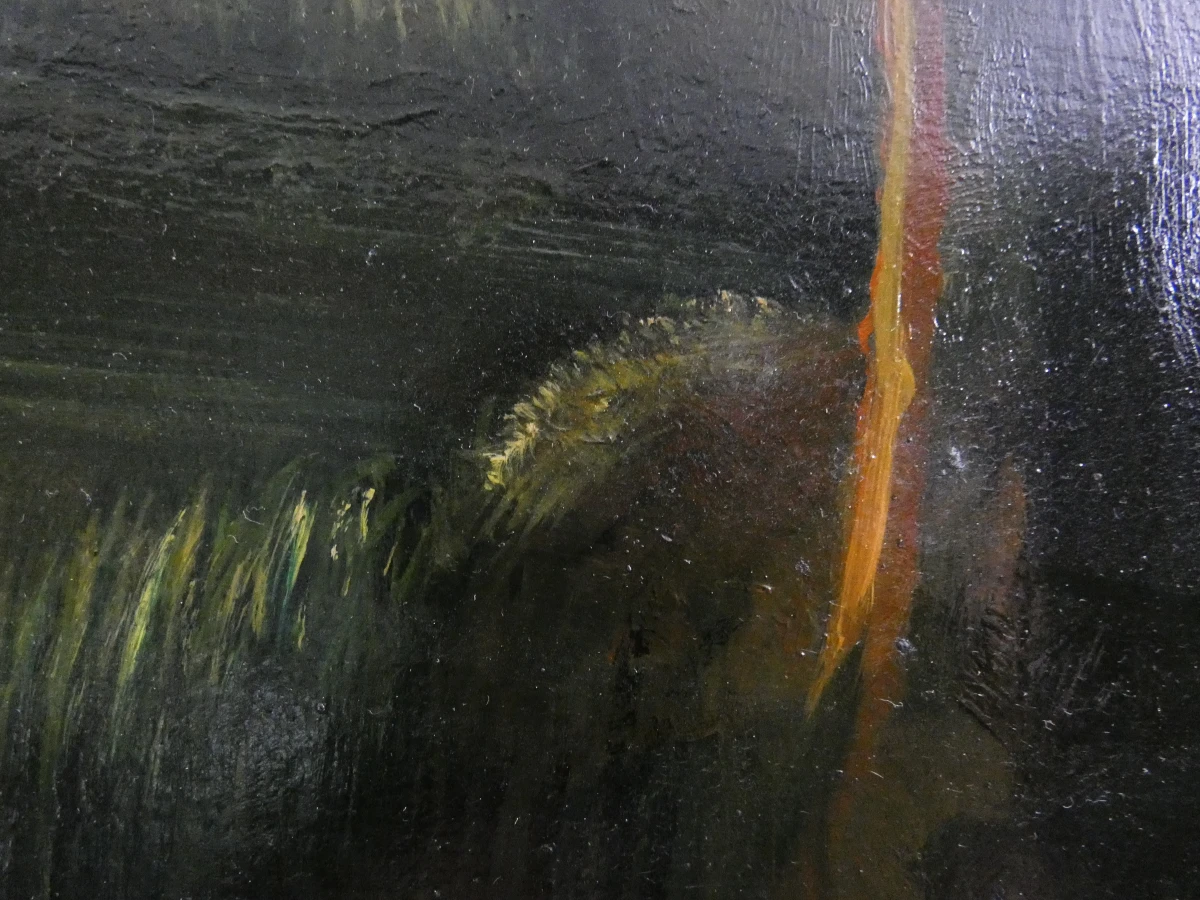 Olieverfschilderij boslandschap met lichtstraal