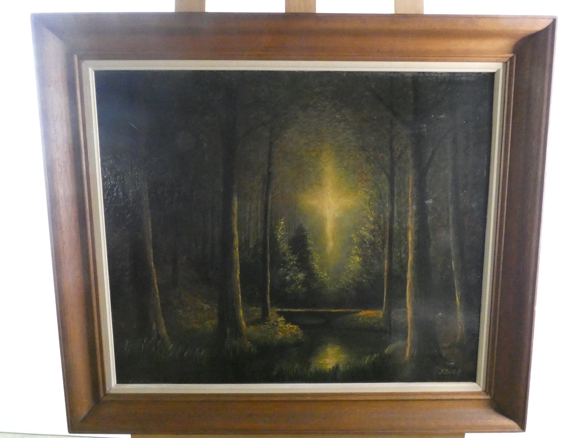 Olieverfschilderij boslandschap met lichtstraal
