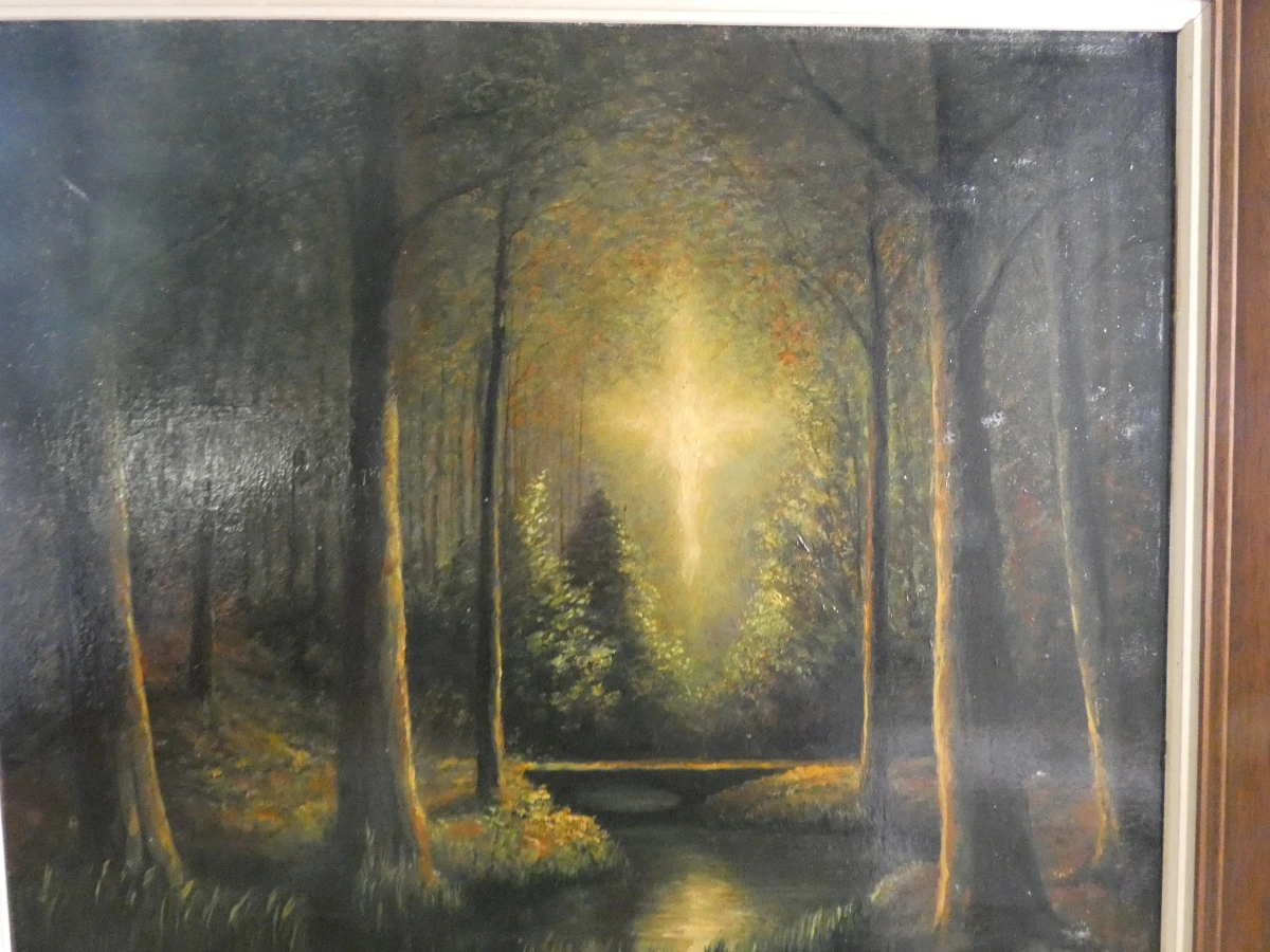 Olieverfschilderij boslandschap met lichtstraal