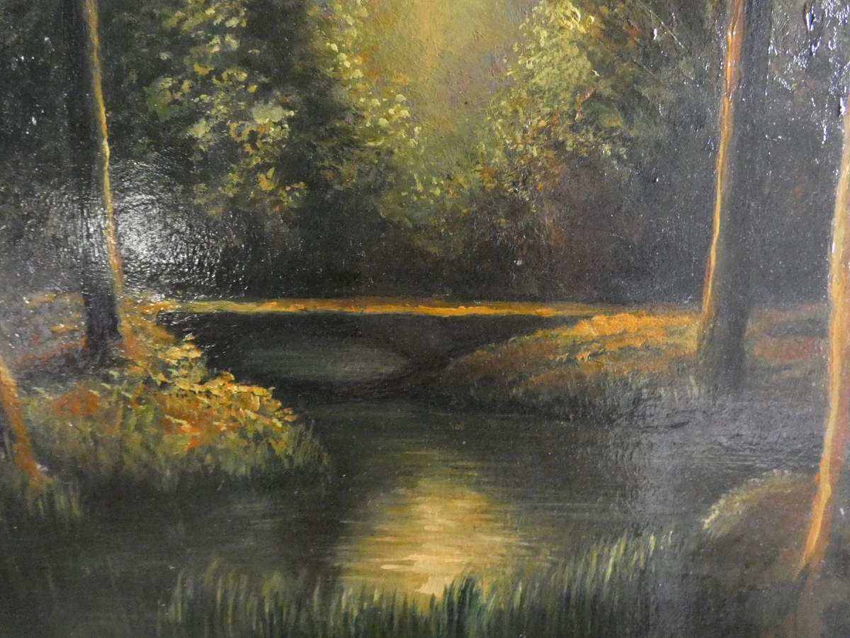 Olieverfschilderij boslandschap met lichtstraal