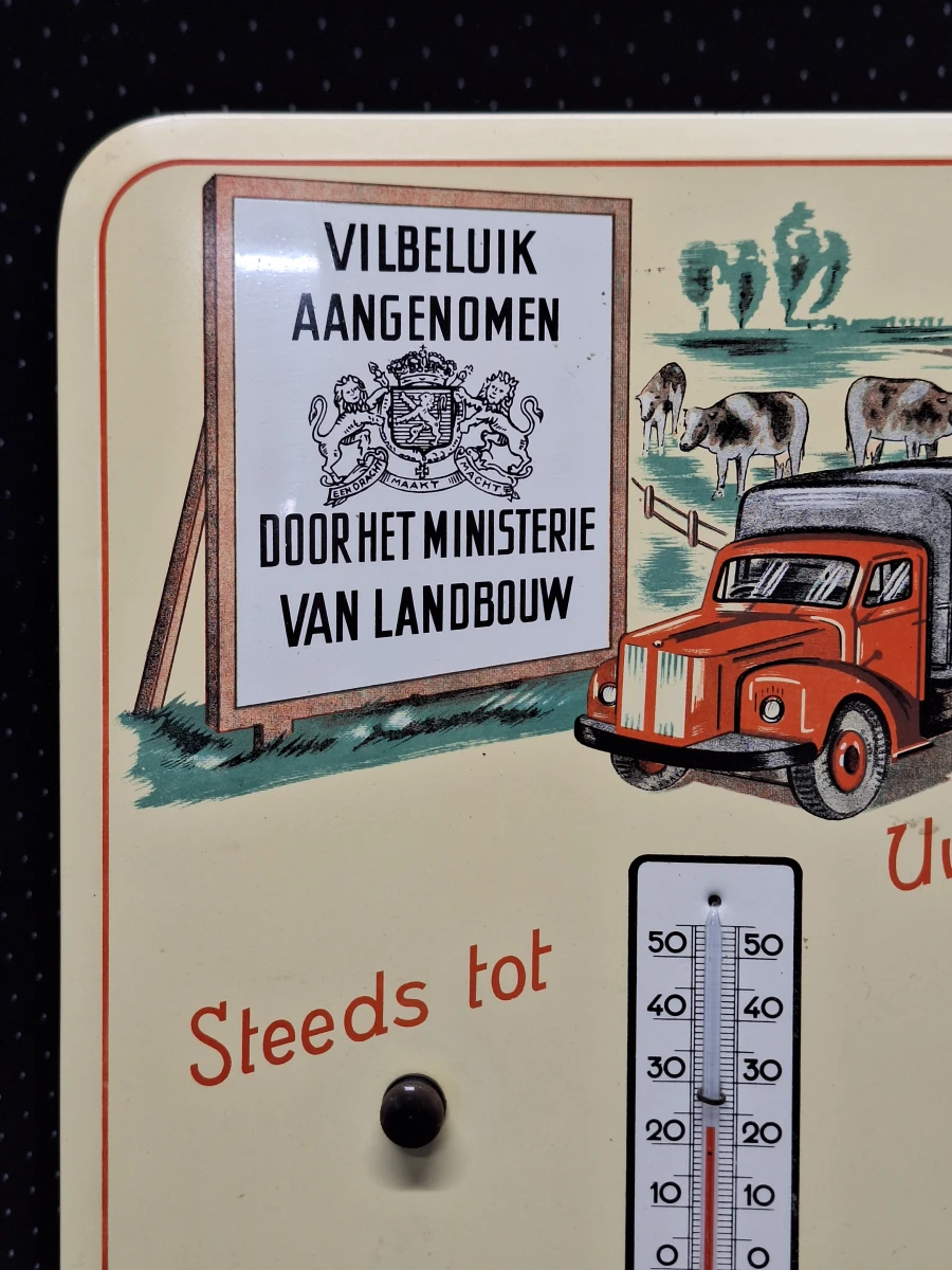Vintage eeuwigdurende kalender met thermometer - Reclame-uitgave Vilbeluik Denderleeuw (jaren '50)
