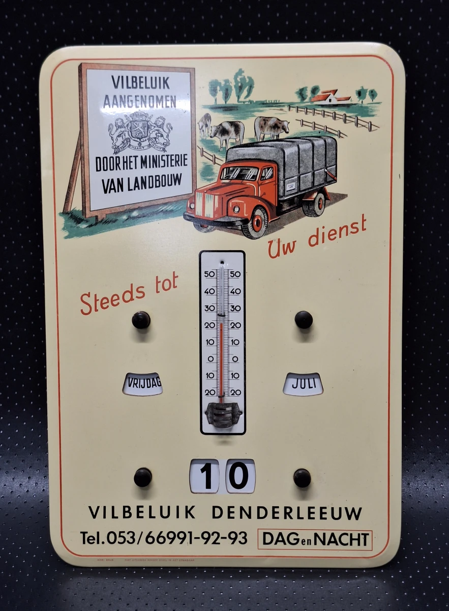 Vintage eeuwigdurende kalender met thermometer - Reclame-uitgave Vilbeluik Denderleeuw (jaren '50)