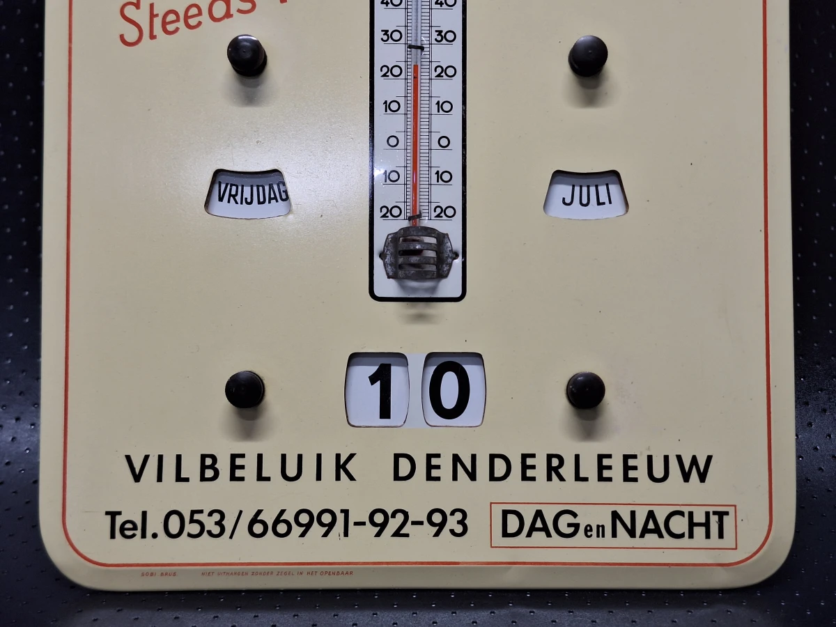 Vintage eeuwigdurende kalender met thermometer - Reclame-uitgave Vilbeluik Denderleeuw (jaren '50)