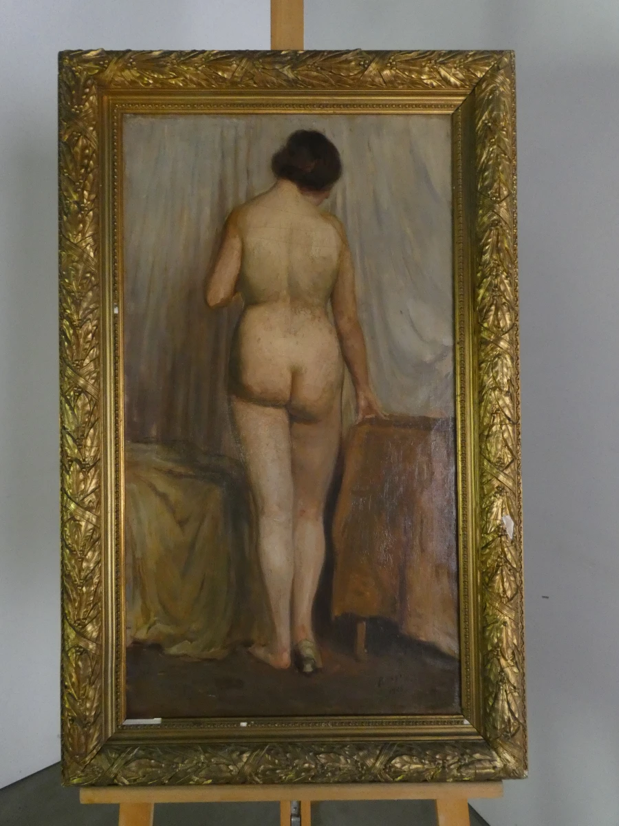 Olieverfschilderij van een naakte vrouw in een verguld frame