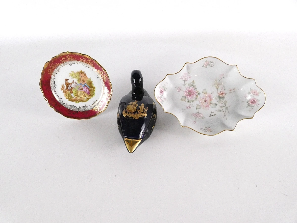 Set van 3 Limoges porseleinen decoratieve borden en eend