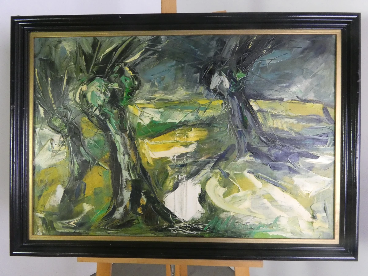 Abstract schilderij met groentinten - gesigneerd
