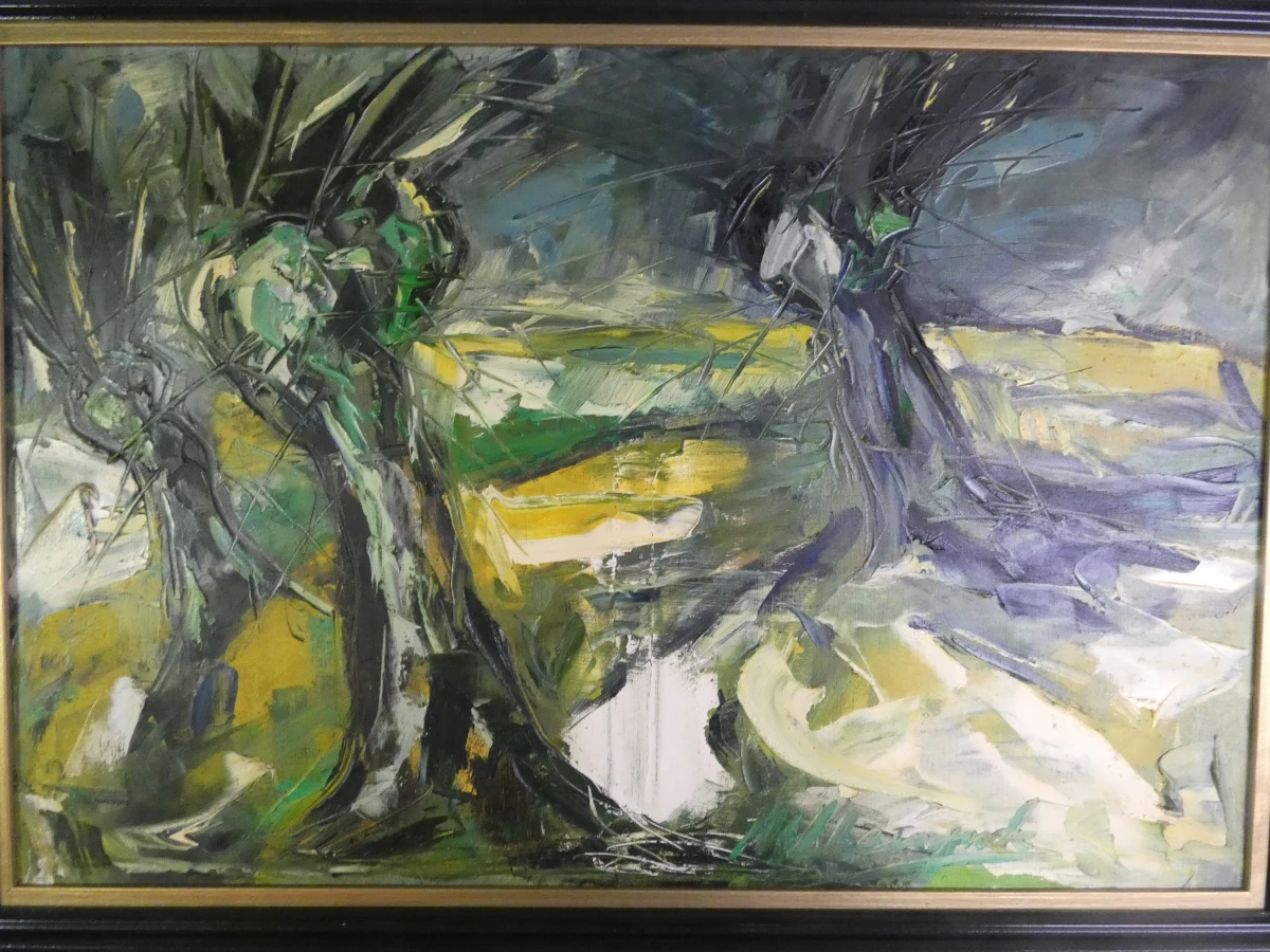 Abstract schilderij met groentinten - gesigneerd