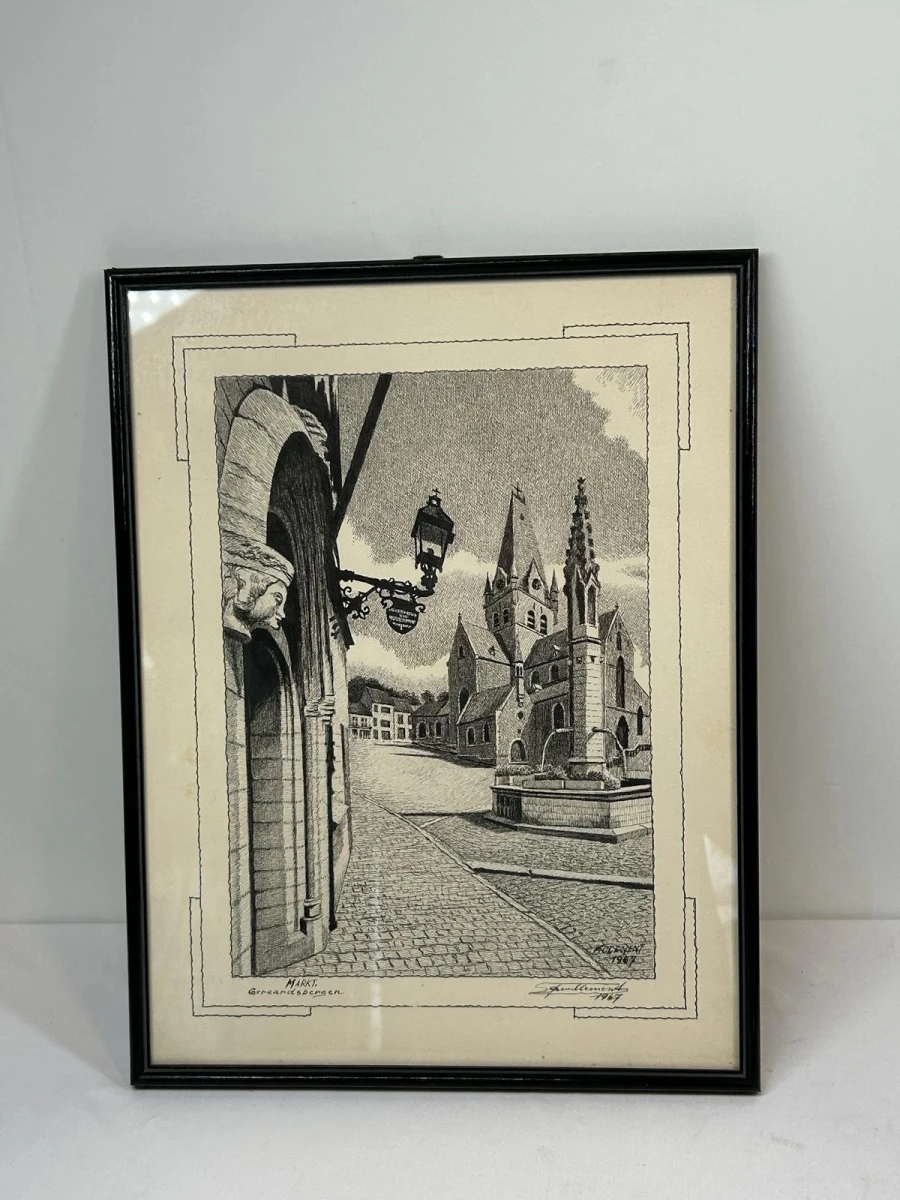 Ingelijste pentekening Markt Geraardsbergen 1967