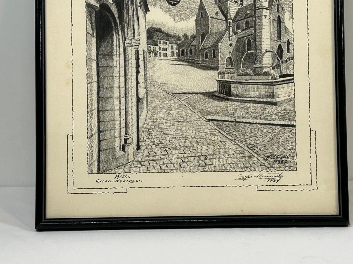 Ingelijste pentekening Markt Geraardsbergen 1967