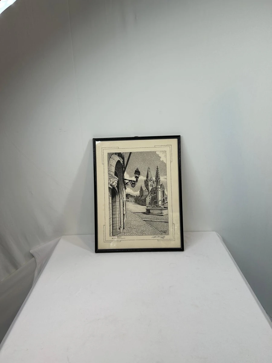 Ingelijste pentekening Markt Geraardsbergen 1967