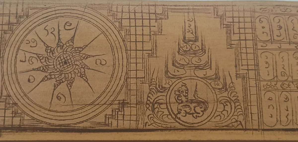 Birmees palmblad manuscript met Theravada Boeddhistische voorstellingen