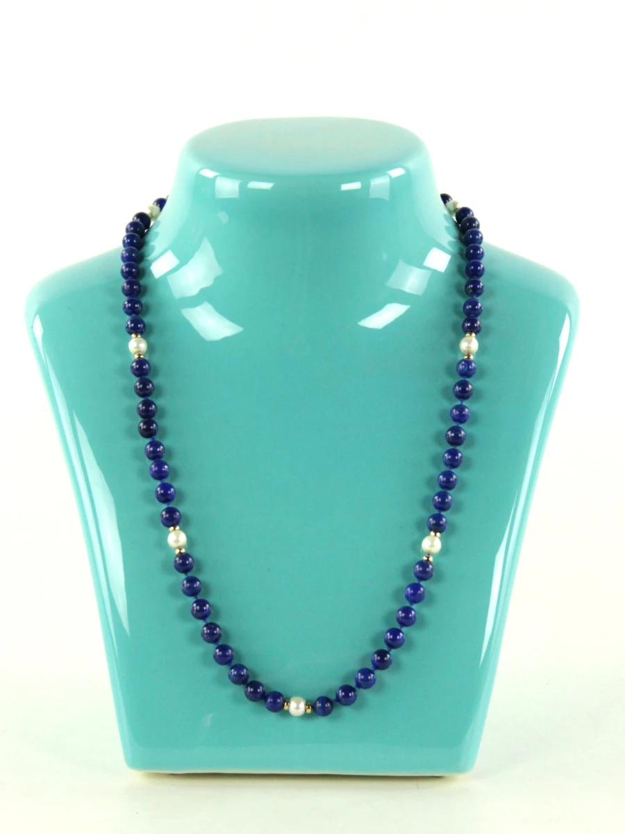 Collier van lapis lazuli met parels en 14 karaat goud