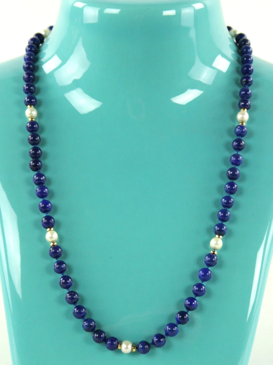 Collier van lapis lazuli met parels en 14 karaat goud