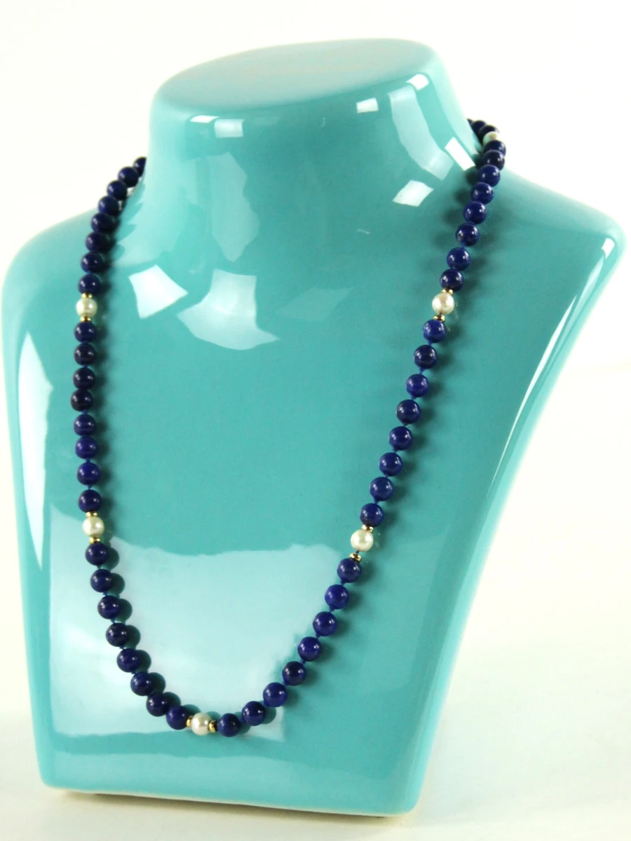 Collier van lapis lazuli met parels en 14 karaat goud