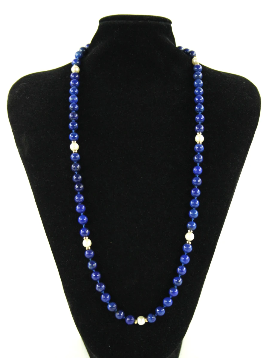 Collier van lapis lazuli met parels en 14 karaat goud