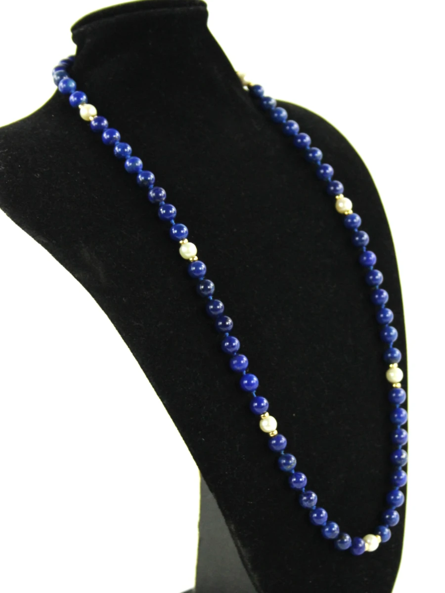 Collier van lapis lazuli met parels en 14 karaat goud