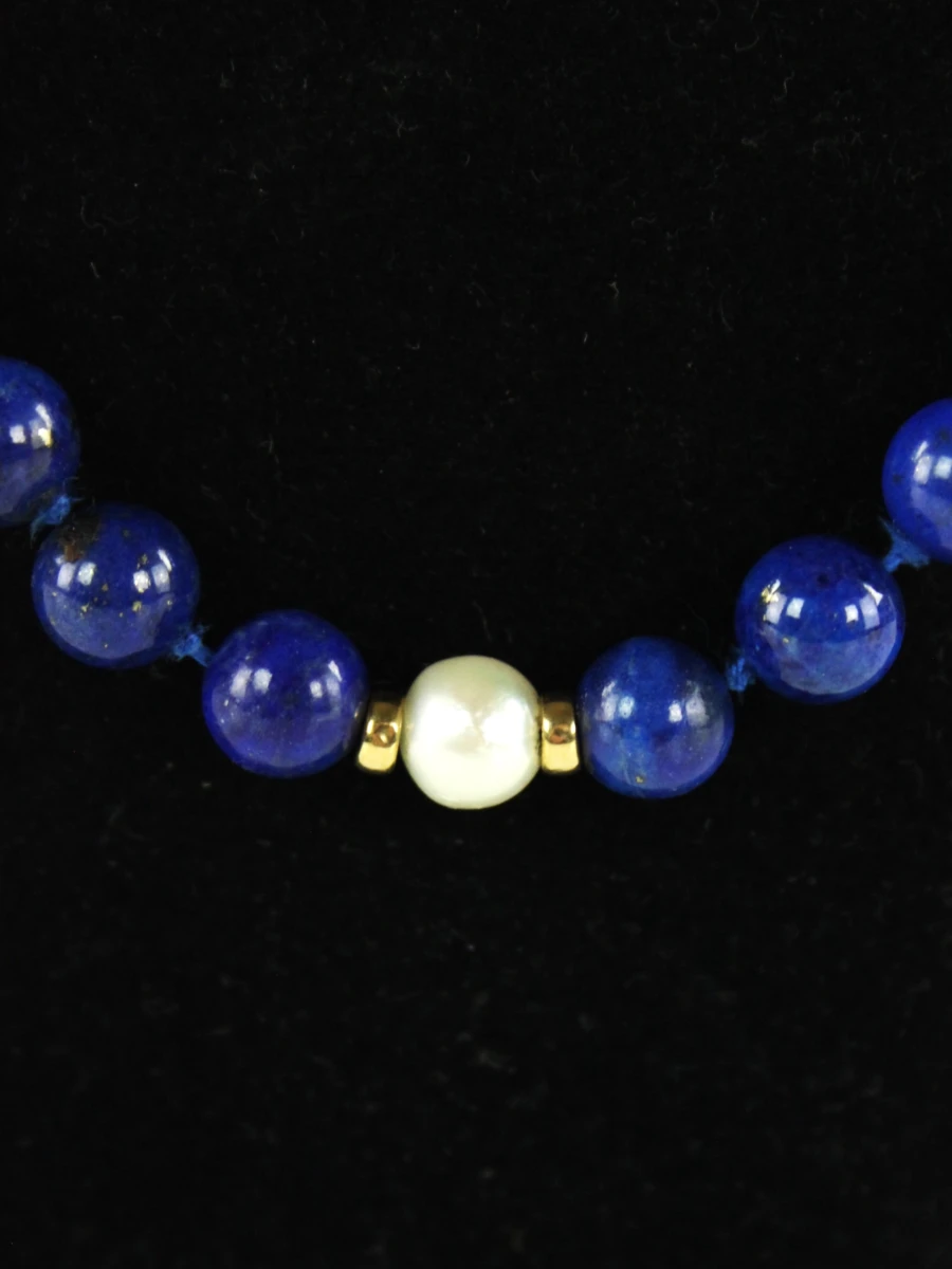 Collier van lapis lazuli met parels en 14 karaat goud